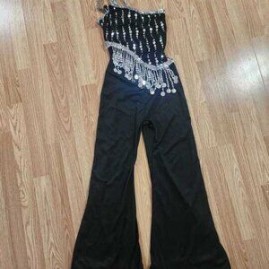 Dazzling Black Belly Dance Jumpsuit with Silver Coin Accents